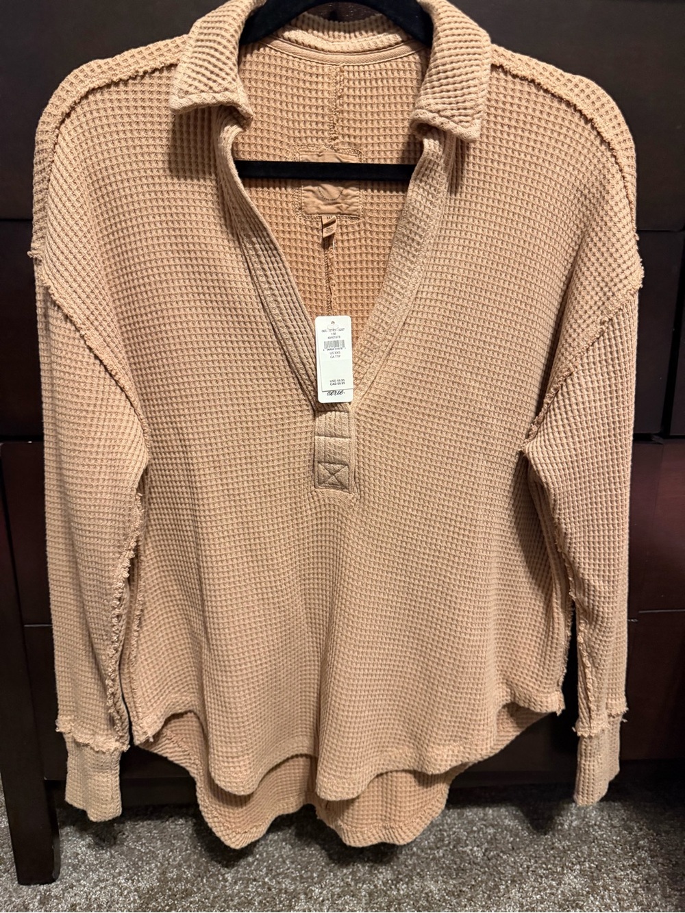 Aerie Waffle-Knit Long Sleeve Polo Top - Tan